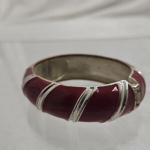 Red Enamel Hinged Bangle Clamper Silver Tone Bracelet Oval Shape From Jamaica